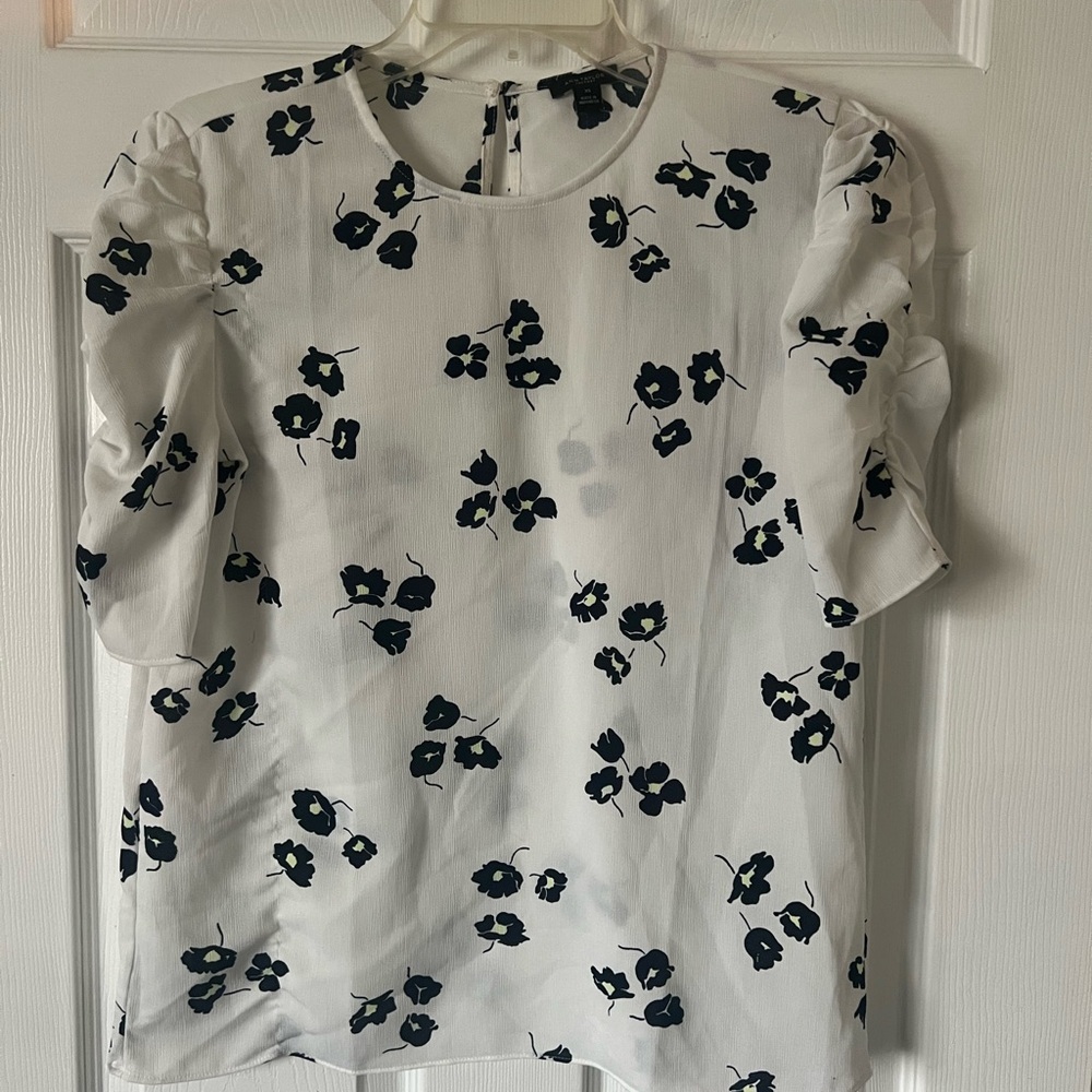 Ann Taylor Floral White Blouse with ruched sleeves